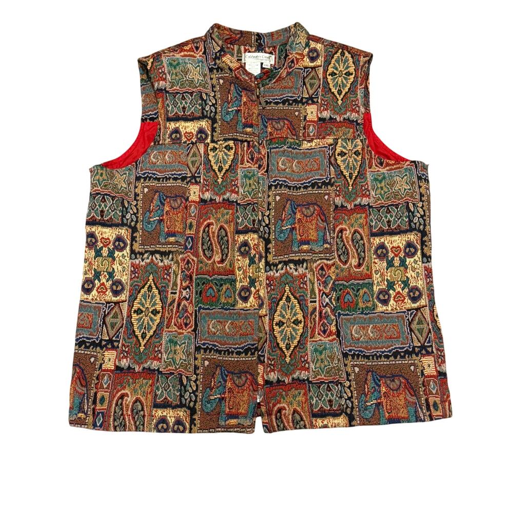 Coldwater Creek Tapestry Zip Vest 2X Elephant Tribal Boho Artsy Patchwork Cabin